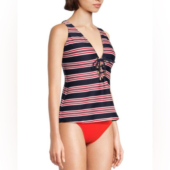 New La Blanca Sailor Striped Tankini Swim Top Red Blue Stripe Patriotic Sz 14 - Picture 2 of 10